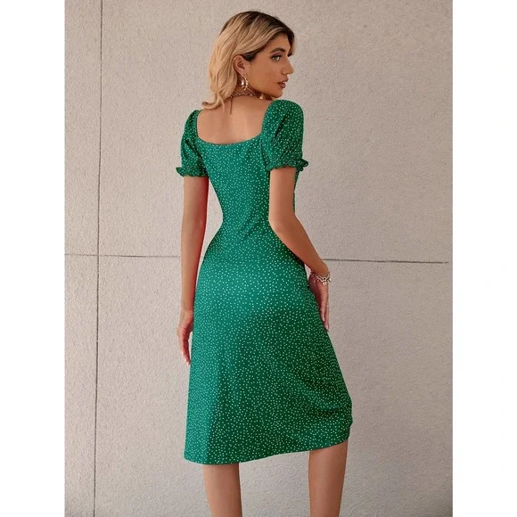 Polka Dot Puff Sleeve Tie Front Ruched Bust Slit Hem midi Dress red - Picture 10 of 11